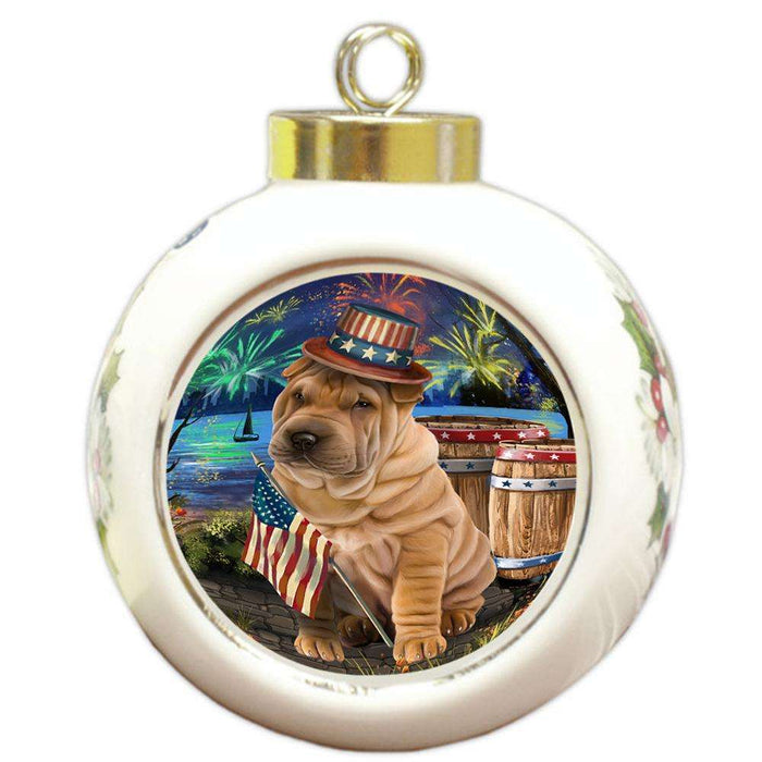 4th of July Independence Day Fireworks Shar Pei Dog at the Lake Round Ball Christmas Ornament RBPOR51225