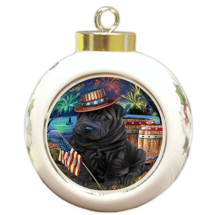 4th of July Independence Day Fireworks Shar Pei Dog at the Lake Round Ball Christmas Ornament RBPOR51226