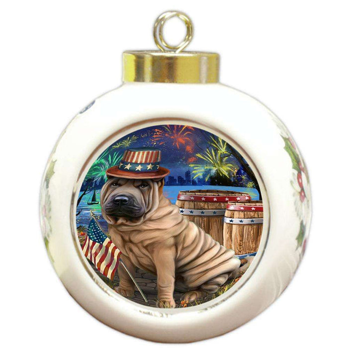 4th of July Independence Day Fireworks Shar Pei Dog at the Lake Round Ball Christmas Ornament RBPOR51227
