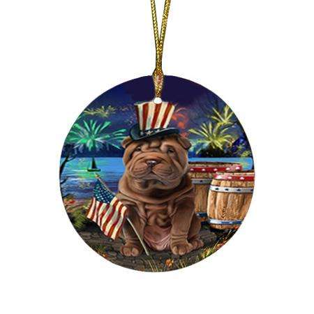 4th of July Independence Day Fireworks Shar Pei Dog at the Lake Round Flat Christmas Ornament RFPOR51214