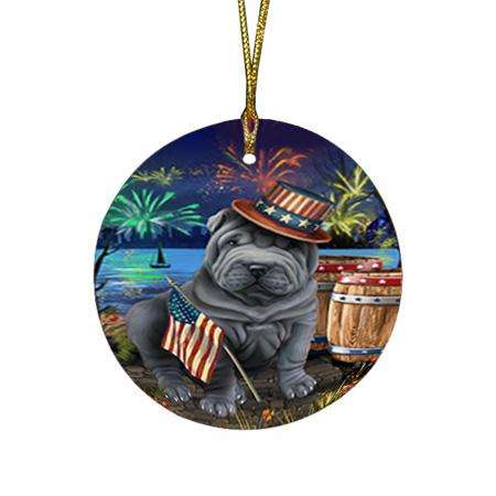 4th of July Independence Day Fireworks Shar Pei Dog at the Lake Round Flat Christmas Ornament RFPOR51215
