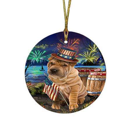 4th of July Independence Day Fireworks Shar Pei Dog at the Lake Round Flat Christmas Ornament RFPOR51216