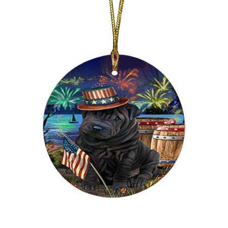 4th of July Independence Day Fireworks Shar Pei Dog at the Lake Round Flat Christmas Ornament RFPOR51217
