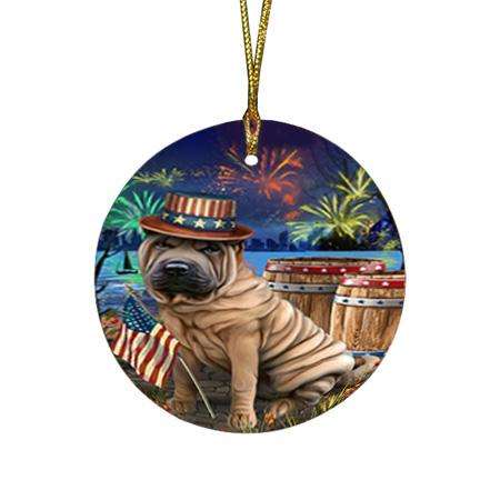 4th of July Independence Day Fireworks Shar Pei Dog at the Lake Round Flat Christmas Ornament RFPOR51218