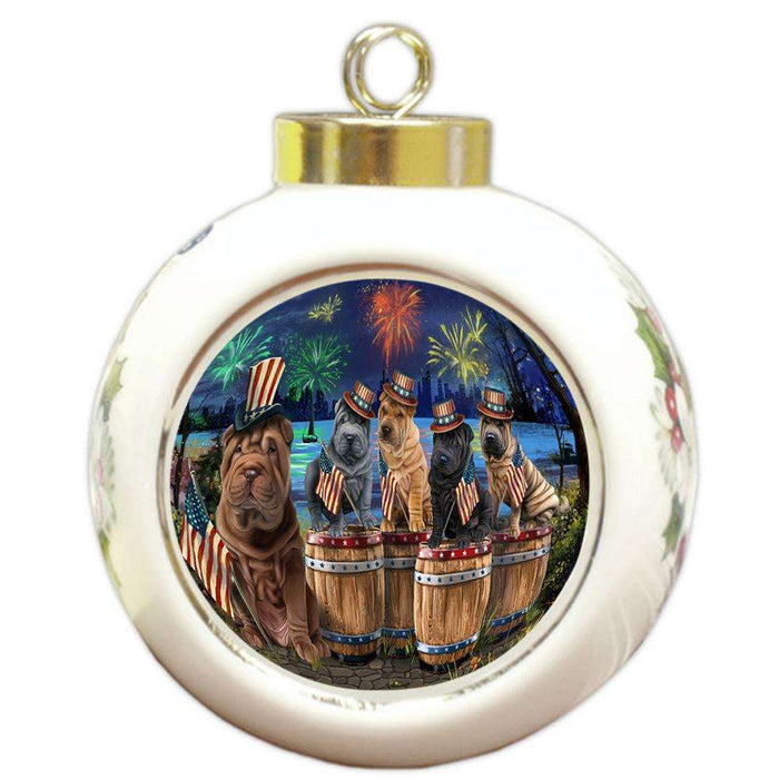 4th of July Independence Day Fireworks Shar Peis at the Lake Round Ball Christmas Ornament RBPOR51053