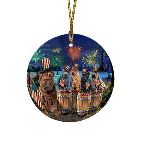 4th of July Independence Day Fireworks Shar Peis at the Lake Round Flat Christmas Ornament RFPOR51044