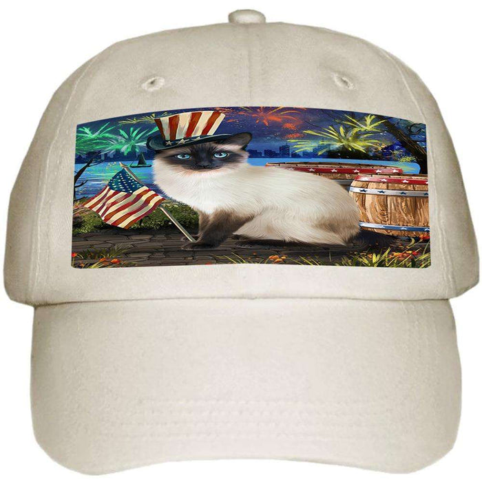 4th of July Independence Day Fireworks Siamese cat at the Lake Ball Hat Cap HAT57417
