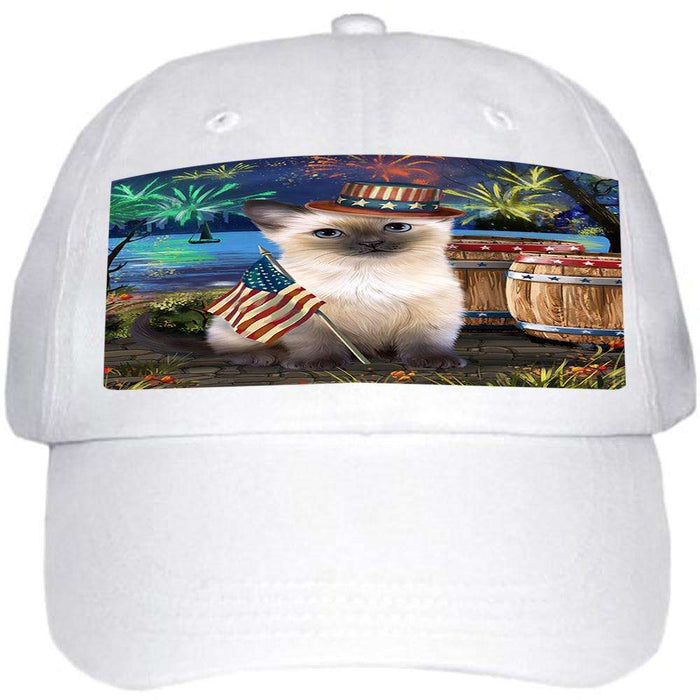 4th of July Independence Day Fireworks Siamese cat at the Lake Ball Hat Cap HAT57420