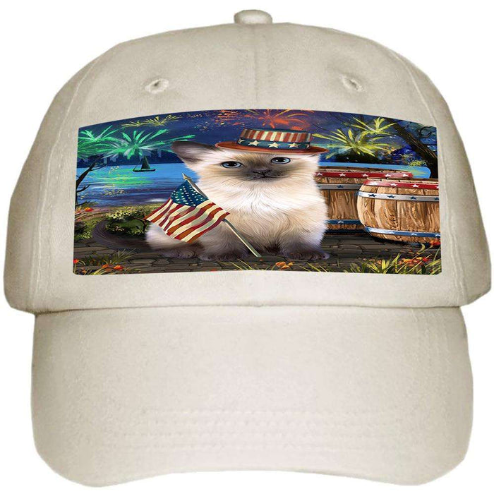 4th of July Independence Day Fireworks Siamese cat at the Lake Ball Hat Cap HAT57420