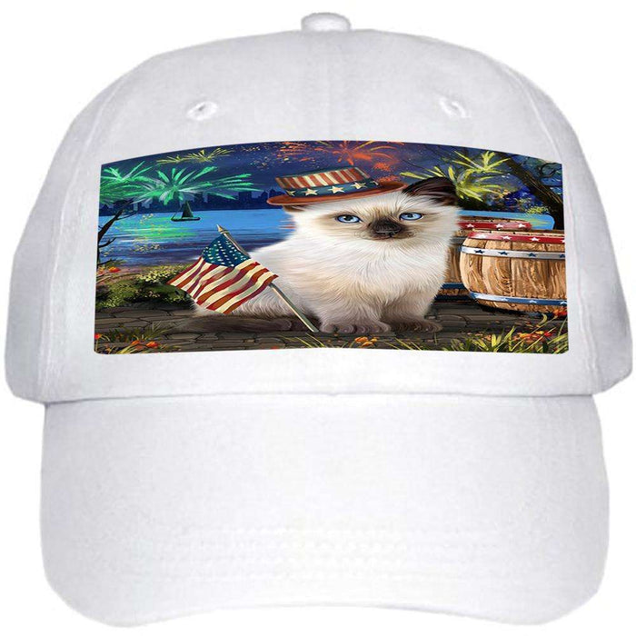 4th of July Independence Day Fireworks Siamese cat at the Lake Ball Hat Cap HAT57423