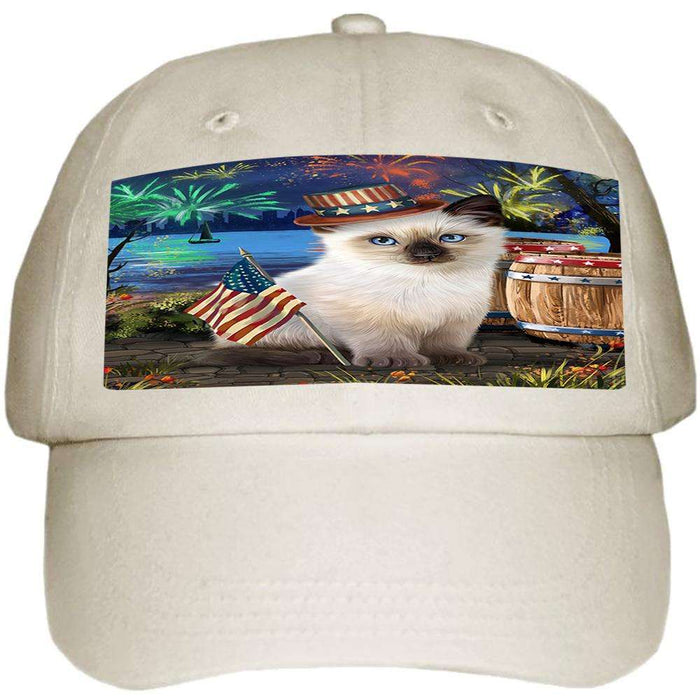 4th of July Independence Day Fireworks Siamese cat at the Lake Ball Hat Cap HAT57423