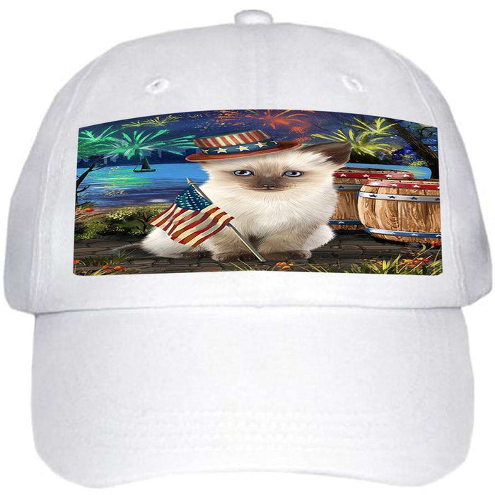 4th of July Independence Day Fireworks Siamese cat at the Lake Ball Hat Cap HAT57426