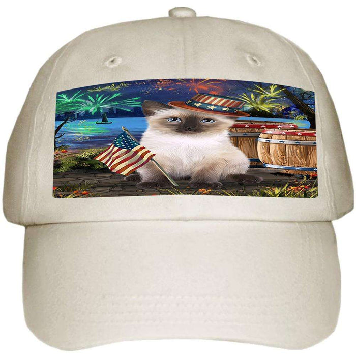 4th of July Independence Day Fireworks Siamese cat at the Lake Ball Hat Cap HAT57429