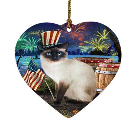 4th of July Independence Day Fireworks Siamese cat at the Lake Heart Christmas Ornament HPOR51228