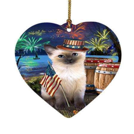 4th of July Independence Day Fireworks Siamese cat at the Lake Heart Christmas Ornament HPOR51229