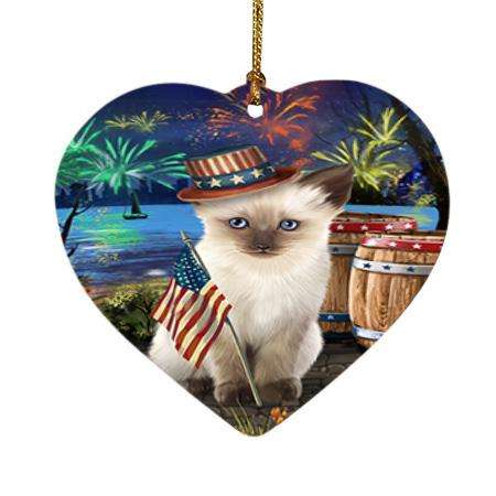 4th of July Independence Day Fireworks Siamese cat at the Lake Heart Christmas Ornament HPOR51231