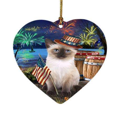 4th of July Independence Day Fireworks Siamese cat at the Lake Heart Christmas Ornament HPOR51232