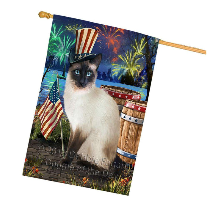 4th of July Independence Day Fireworks Siamese cat at the Lake House Flag FLG51286