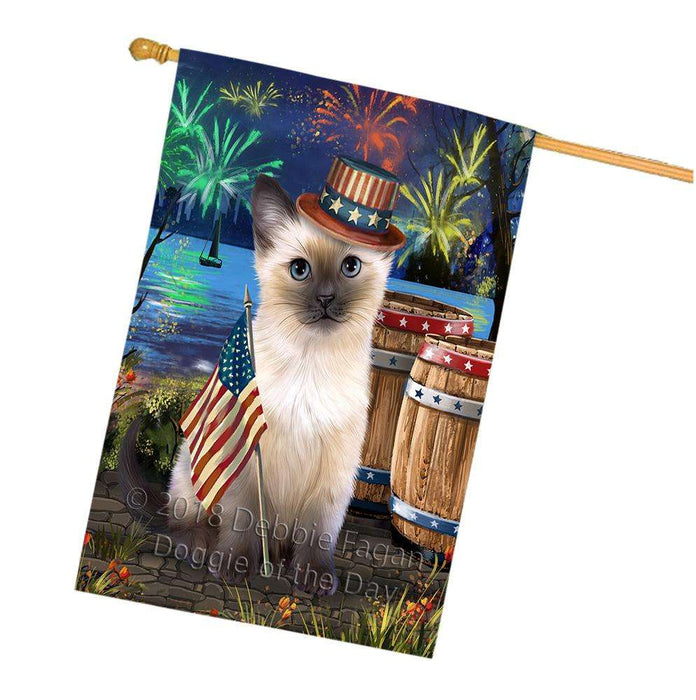 4th of July Independence Day Fireworks Siamese cat at the Lake House Flag FLG51287