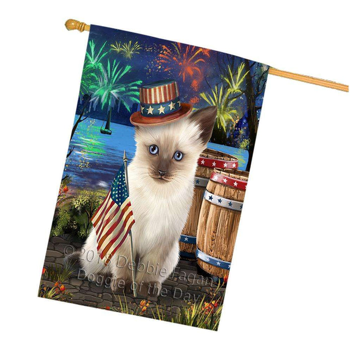4th of July Independence Day Fireworks Siamese cat at the Lake House Flag FLG51289
