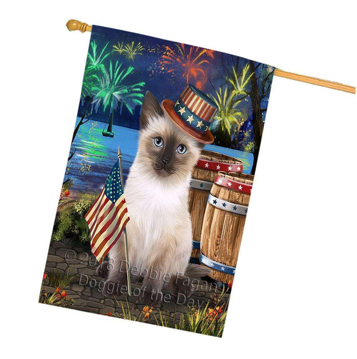 4th of July Independence Day Fireworks Siamese cat at the Lake House Flag FLG51290