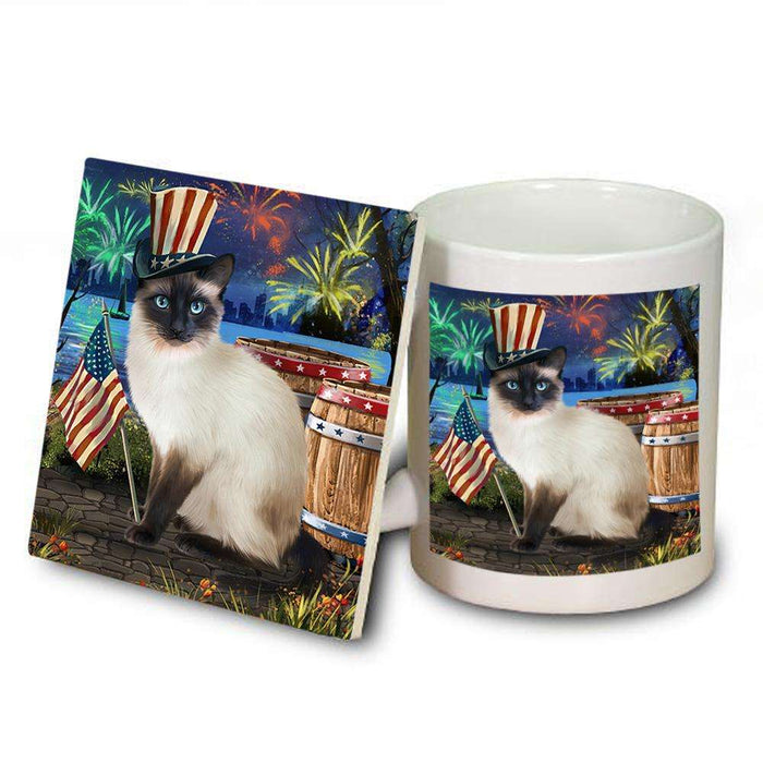 4th of July Independence Day Fireworks Siamese cat at the Lake Mug and Coaster Set MUC51220