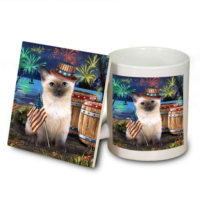 4th of July Independence Day Fireworks Siamese cat at the Lake Mug and Coaster Set MUC51221