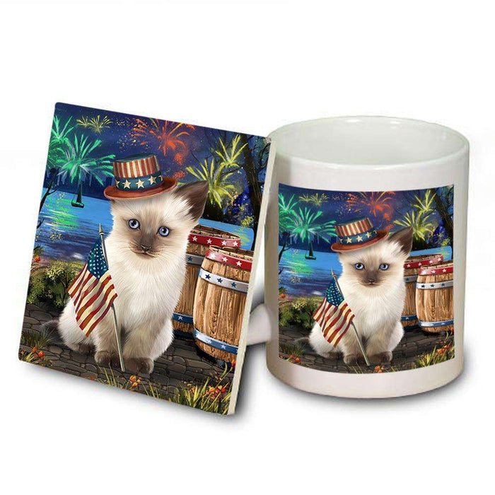 4th of July Independence Day Fireworks Siamese cat at the Lake Mug and Coaster Set MUC51223