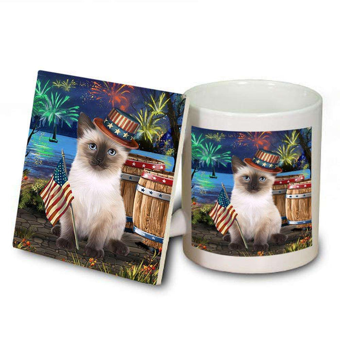 4th of July Independence Day Fireworks Siamese cat at the Lake Mug and Coaster Set MUC51224