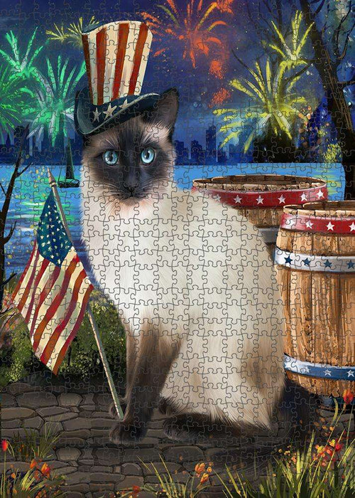4th of July Independence Day Fireworks Siamese cat at the Lake Puzzle with Photo Tin PUZL57546