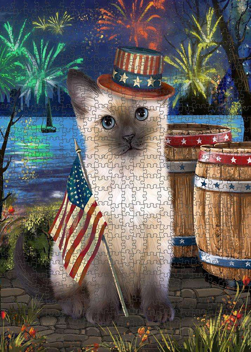 4th of July Independence Day Fireworks Siamese cat at the Lake Puzzle with Photo Tin PUZL57549