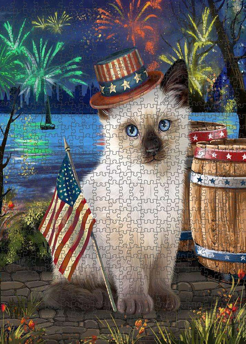 4th of July Independence Day Fireworks Siamese cat at the Lake Puzzle with Photo Tin PUZL57552