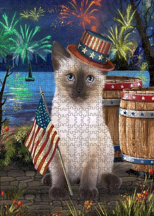 4th of July Independence Day Fireworks Siamese cat at the Lake Puzzle with Photo Tin PUZL57558