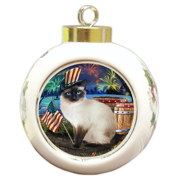 4th of July Independence Day Fireworks Siamese cat at the Lake Round Ball Christmas Ornament RBPOR51228