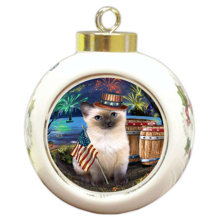 4th of July Independence Day Fireworks Siamese cat at the Lake Round Ball Christmas Ornament RBPOR51229