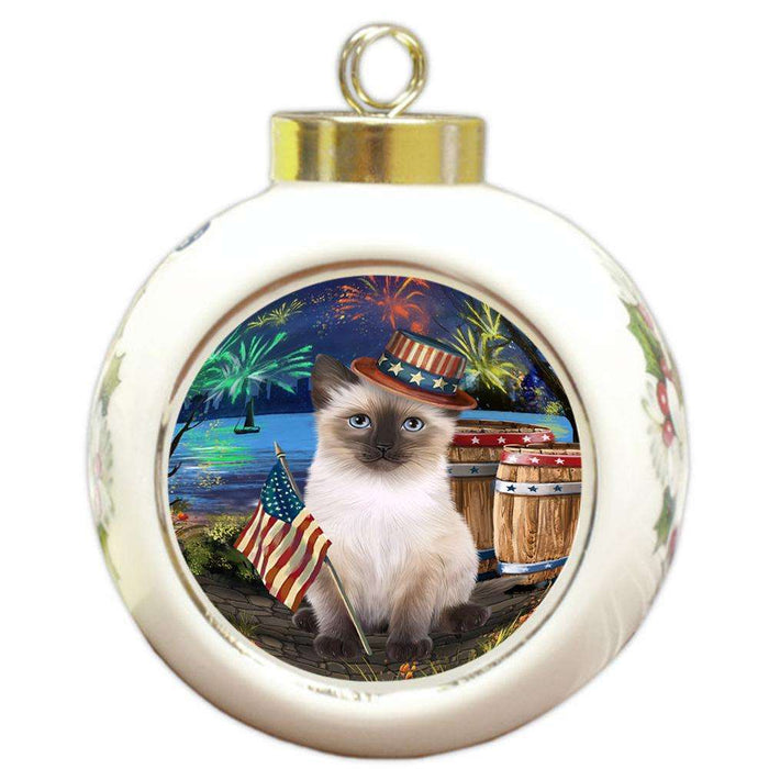 4th of July Independence Day Fireworks Siamese cat at the Lake Round Ball Christmas Ornament RBPOR51232