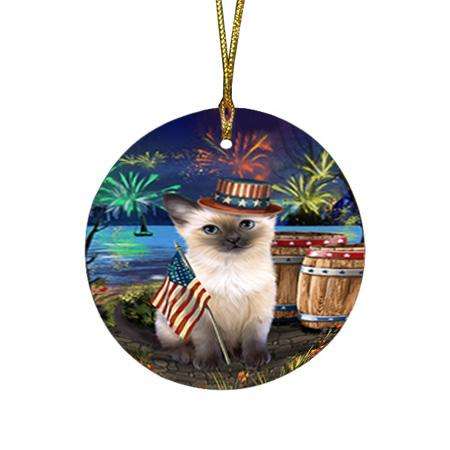 4th of July Independence Day Fireworks Siamese cat at the Lake Round Flat Christmas Ornament RFPOR51220
