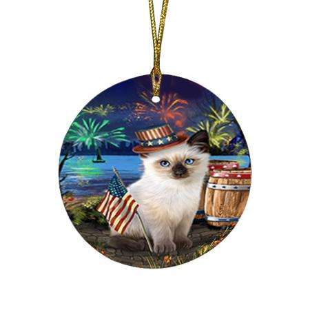 4th of July Independence Day Fireworks Siamese cat at the Lake Round Flat Christmas Ornament RFPOR51221