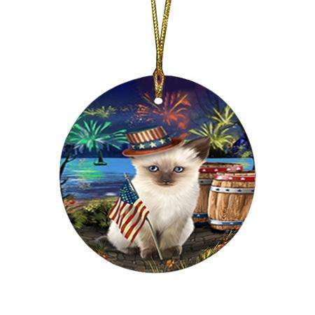 4th of July Independence Day Fireworks Siamese cat at the Lake Round Flat Christmas Ornament RFPOR51222