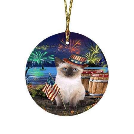 4th of July Independence Day Fireworks Siamese cat at the Lake Round Flat Christmas Ornament RFPOR51223