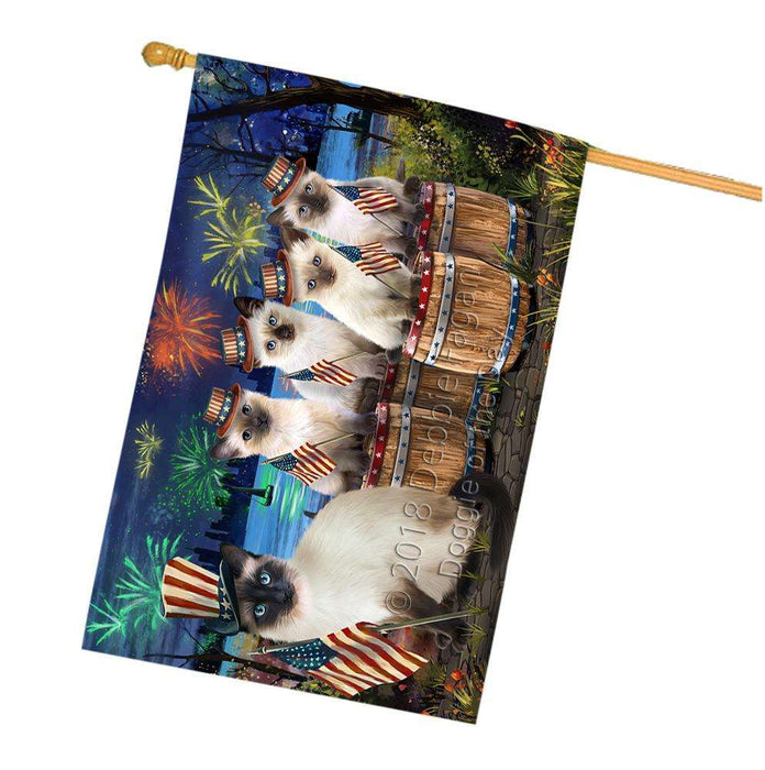 4th of July Independence Day Fireworks Siamese Cats at the Lake House Flag FLG51112