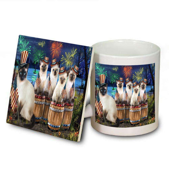 4th of July Independence Day Fireworks Siamese Cats at the Lake Mug and Coaster Set MUC51046