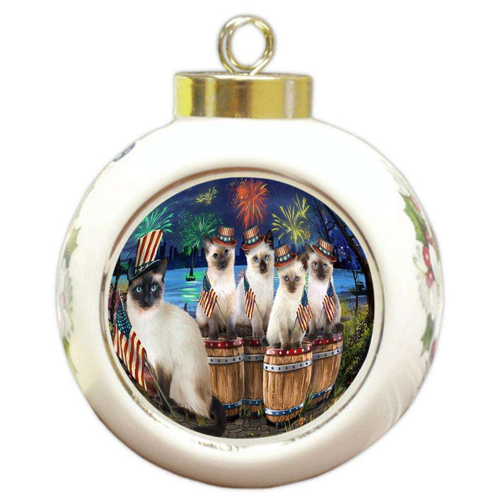4th of July Independence Day Fireworks Siamese Cats at the Lake Round Ball Christmas Ornament RBPOR51054