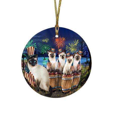 4th of July Independence Day Fireworks Siamese Cats at the Lake Round Flat Christmas Ornament RFPOR51045