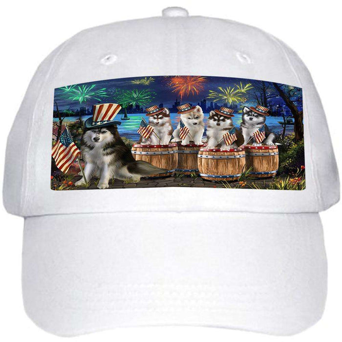 4th of July Independence Day Fireworks Siberian Huskies at the Lake Ball Hat Cap HAT56898