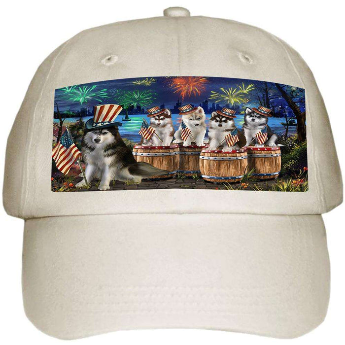 4th of July Independence Day Fireworks Siberian Huskies at the Lake Ball Hat Cap HAT56898