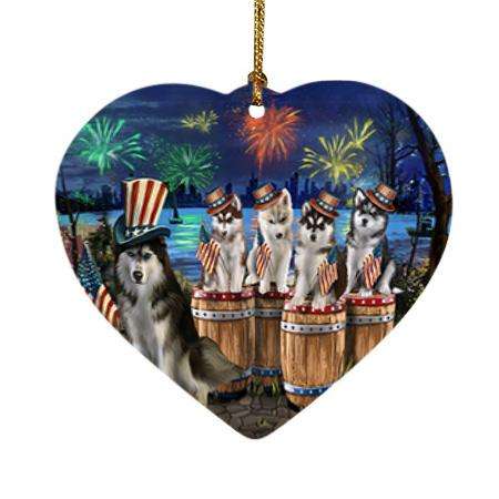4th of July Independence Day Fireworks Siberian Huskies at the Lake Heart Christmas Ornament HPOR51055