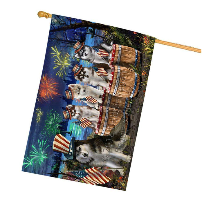 4th of July Independence Day Fireworks Siberian Huskies at the Lake House Flag FLG51113