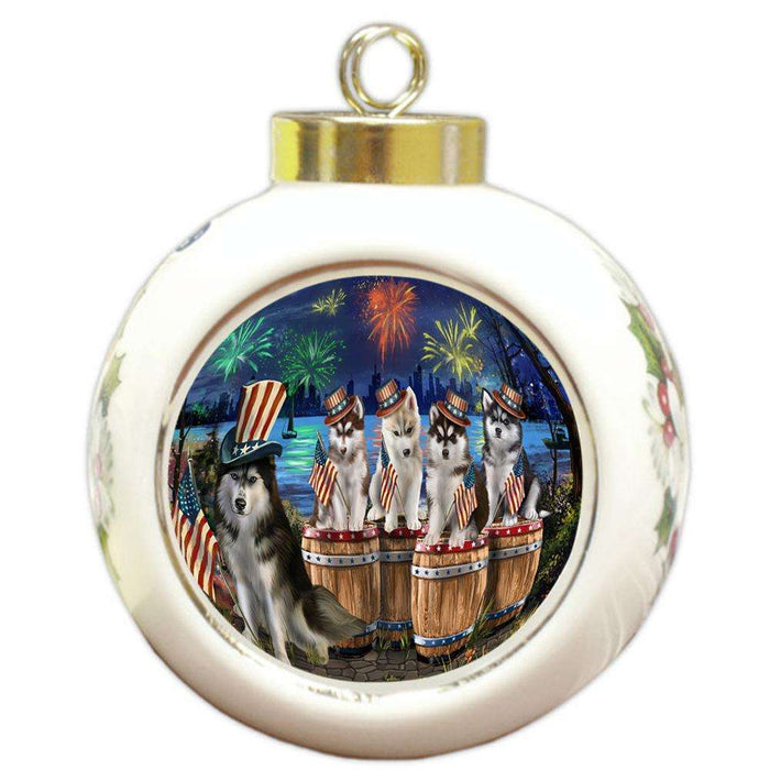 4th of July Independence Day Fireworks Siberian Huskies at the Lake Round Ball Christmas Ornament RBPOR51055