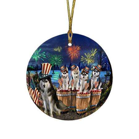 4th of July Independence Day Fireworks Siberian Huskies at the Lake Round Flat Christmas Ornament RFPOR51046